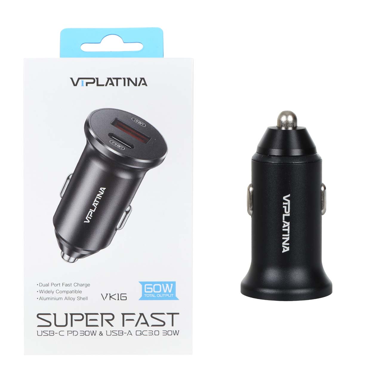 شارژر فندکی فست و PD دو پورت VIPLATINA مدل VK16 60W - مشکی (گارانتی 18 ماه تعویض نیکان همراه)